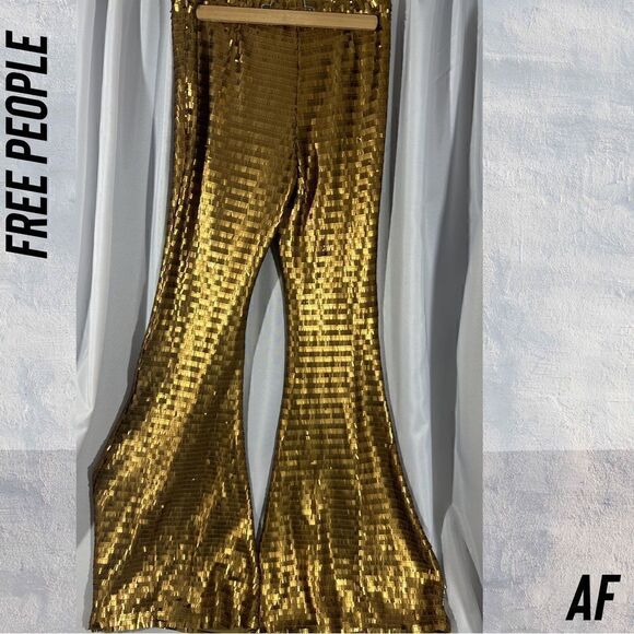 FREE PEOPLE GOLD MATTE PARTY PANTS BELLBOTTOM FLARE NWT XS - Picture 7 of 9